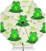 [RPLIFE] Windproof Travel Umbrella, Auto Open Close, Umbrellas for Rain Compact, Backpack Purse Portable, Ideal for Women, Green Frogs Cute
