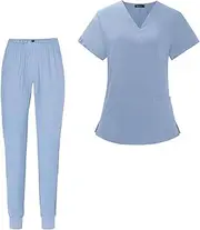 [Colaxi] Uniforms Scrub Set Top and Pants Female V Neckline with Pockets Workwear Work Clothes Work suits for Beauty Salon Healthcare