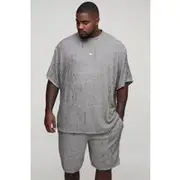 Mens Grey Plus Crochet Rib Tee & Short Set