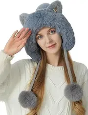 [Adigau] Women Fur Beanie Hats with Pompom Knit Peruvian Cover Ears Cap Sherpa Ski Snow Hat Earflaps Warm Fleece Lined Caps