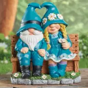 Adorable Gnome Couple Sitting on Bench Garden Statue Sculpture Yard Art Decor