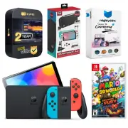Nintendo Switch Neon Red/Blue OLED + Super Mario 3D World + Accessory Gamer Kit