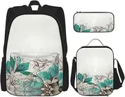 [StOlmx] 3 Pcs Set Backpack,Waterproof Bookbag, Insulated Lunch Bag & Pencil Case Pouch, Travel,Hiking,Teal and Orange Flower Print, Teal Floral, One Size
