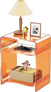 Acrylic Side Table Record Player Stand with Storage, Clear Nightstand Bedside Table End Table for Living Room, Bedroom (Orange)