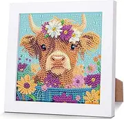 Highland Cow Diamond Art Painting Kits for Kids with Frame, Cow Diamond Art for Kids Ages 4-8-12, Easy Kid Animal Gem Painting Kit with Beautiful Package for Gift Home Wall Decor (7x7 inch)