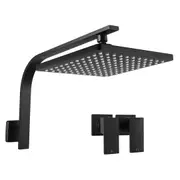WELS Bath Square 10" ABS Large Shower Head Gooseneck Wall Arm With Taps Set Black