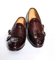 Handmade Men Brown Alligator Textured Leather Double Monk Shoes, Crocodile Shoes