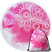 Pink Fog and White Mandalas Round Beach Towel