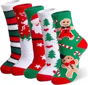 [spxkd] Christmas Fuzzy Socks for Women 5 Pairs Winter Warm Cosy Holiday Slipper Socks Xmas Gifts for Women, Multicolor, One Size