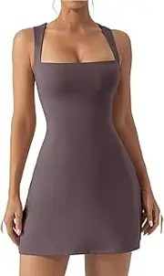 [Hotexy] Tennis Dress with Built in Shorts and Padded Bras Square Neck Athletic Golf Dress Workout Mini Dress with Pockets