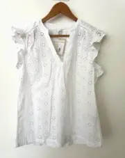 SUNDANCE CATALOG Florina Eyelet Flutter Sleeve White Top PETITE MEDIUM Orig $98
