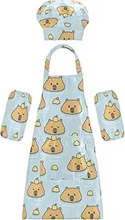 AIXIWAWA Kids Apron Chef Hat Set, Child Kitchen Bib Aprons Adjustable for Cooking Baking Painting (Cute Kawaii Capybara)