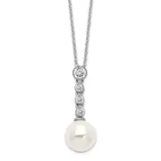 Sterling Silver Majestik Rhodium-Plated 10-11mm Imitation Shell Pearl Cz Spring Ring Clasp 17 Inch Necklace