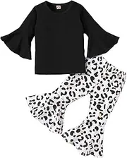 [COOLOYA] Girl's 2 Piece Outfit Set Long Sleeve Blouse & Leopard Print Flare Pants