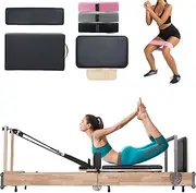 Foldable Pilates Reformer, Oak Wood Adjustable Home Gym Pilates Equipment Strength Training with Resistance Bands