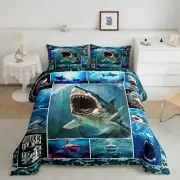 Teens 3D Shark Print Comforter Set Queen Size,Shark Geometric Grid Bedding Se...