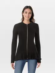Black Wool Zip Up Long Sleeve Top