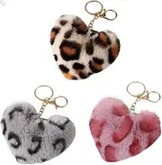 [Vellichor Europe] 3 x Pom Pom Style Animal Leopard Print Fluffy Furry Keychains | 3 Styles Included - Classic - Grey - Pink | Soft Cute Colourful Keyring | Plush Faux Fur | Heart Shape | Can be attached to Keys or Bag,