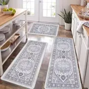 Boho Kitchen Rugs Non Slip Washable with Runner Rugs Rubber Set of 3 Grey