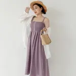 【POLYLULU】 午茶花園霧感鬆緊排釦吊帶洋裝 中大尺碼洋裝 紫色