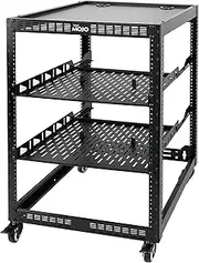 16U Open Frame Network Rack for IT &AV Gear, 16RU AV Rack 4-Post with Mobile Casters and 2 PCS Vented 19'' Front Mounting Rack Shelf with Rear Supporting Ears and Anti-Slip Stops & Mounting Hardware
