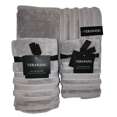 Vera Wang 6pc Zero Twist Cotton Gray Towel Set White Stitching 2Bath 2Hand 2Tip