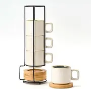 [LUKA] Porcelain Stackable Espresso Cups with Saucers and Metal Stand, 4 Ounce Small Ceramic Demitasse Cups Set for Latte, Specialty Coffee Drinks, Cafe Mocha,Tea - Set of 4, White Green Interior