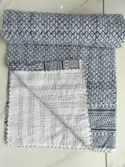 Hand Block Print Blue Cotton Kantha Quilt Throw Blanket Bedspread Indian Gudari