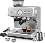 Espresso Coffee Machine with Built-in Grinder, Professional 15 Bar Espresso Coffee Machine with Milk Frother, Stainless Steel Espresso Coffee Machine with Removable Water Tank