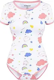 [Landofgenie] Women Onesie Pajamas Cotton Bodysuit Cute Print Onesie Sleepwear Tops