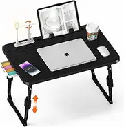 Laptop Bed Desk Height Adjustable, Bed Laptop Table with USB/Storage Drawer/Cup Holder/Tablet Stand/Book Shelf, Foldable Breakfast Tray Portable for Reading Writing, Bed, Sofa & Floor, Wood (Black)