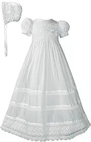 [Little Things Mean A Lot] Girls Cotton Short Sleeve Dress Christening Gown Baptism Gown with Laces and Ribbon