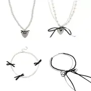 Trendy Double Layer Necklace Ribbon Bowknot Necklace Beads Necklace Elegant