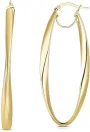 [JewelryWeb] 14k Yellow Gold Shiny Long Oval Free Formform Hoop Earrings With Hinged Clasp-Hoop Earring for Women