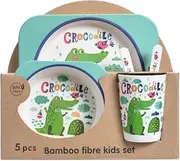 5-Pieces Kids Dinner Set of Plate, Bowl, Cup, Fork and Spoon with Animal Print, Tableware Set Perfect for Children, 5pcs Bamboo Fibre Kids Cutlery Set,A