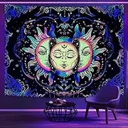 Lifeella Blacklight Sun and Moon Tapestry, UV Reactive Burning Sun Tapestries Glow in Dark Aesthetic Mystic Wall Hanging Colorful (Mutil, 60"×80" (150×200cm))
