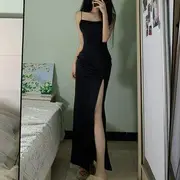 Spaghetti Strap Plain Side-Slit Maxi Sheath Dress Black - S