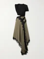 [Christopher Esber] Christopher Esber - Verve Asymmetric Lace-trimmed Silk-georgette And Ribbed Jersey Dress - Green - UK 10 UK 10 Green
