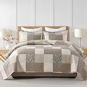 DUOHONG 100% Cotton Quilt Set Queen Size - Plaid Quilted Comforter, Patchwork Botanical Queen Quilt Bedspread, Modern Farmhouse Lightweight Bedding for Queen Bed, 3pcs, Brown/Beige/Khaki