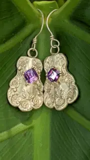 Vintage Sterling Silver Teaspoon Handmade Earrings With Faceted Amethyst .A25