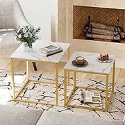 VILAWLENCE Nesting Coffee Table Set of 2,Modern Gold Wooden Side Table, Metal Frame Square End Table.Small woodenTea Table for Living Room,Bedroom Studio Apartment Essentials