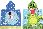 SUMMER SPLASH [2PCE] Kids Small Hooded Beach Towel, Soft & Absorbent, Machine Washable, Wrinkle Resistant, Prevents Colds, Cute Crocodile & Astronaut Designs, 60cm x 120cm, Beige