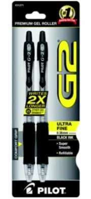 Pilot G2 Retractable Gel Pen 0.38mm Ultra Fine 2/Pk Black Office School Home