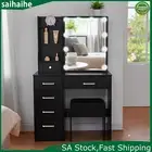 Black Dressing Table Stool Set Makeup Desk Dresser w/ LED Sliding Mirror Bedroom