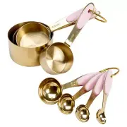 Measuring Cups and Spoons Set, Stainless Steel with Pink Silicone Inset Handl...