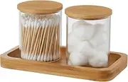 YININE Qtip Dispenser Holder Glass, Apothecary Jars Bathroom Canisters with Tray Vanity Jars Containers for Cotton Balls Swab Pads Round Q-Tips Hair Ties Floss Small Things