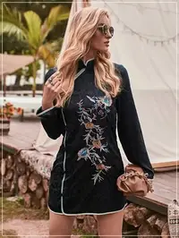 在飛比找Yahoo!奇摩拍賣優惠-洋裝 黑色東洋風唐裝衣領花卉刺繡旗袍風格長袖歐美時尚連身裙連