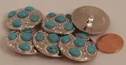 6 Shiny Silver Tone Domed Metal Buttons Blue Cabochons 1 1/8" 28MM # 6030