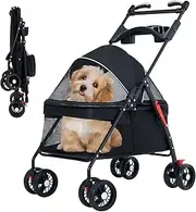 OMDOCA Pet Dog Cat Stroller with Foldable Dog Cat Cage Jogger Stroller with Storage Basket and Cup Holder,4 Wheels for Medium/Small Dogs and Cats, with Cup Holder .Handrail Can Rotate(Black-B)