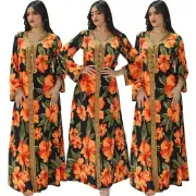 Ramadan Islamic Muslim Women Long Sleeve Maxi Dress Printed Kaftan Caftan Gown